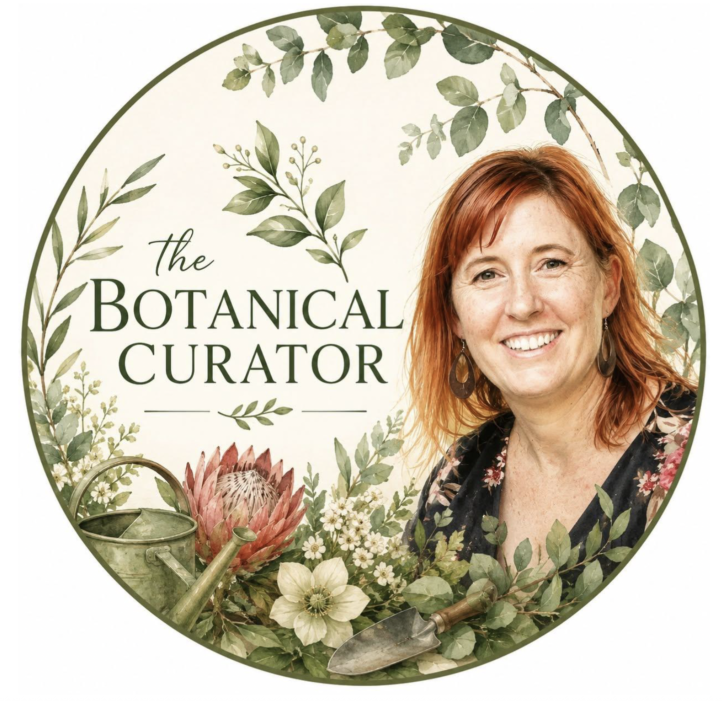 A smiling woman with red hair and earrings, surrounded by botanical illustrations and flowers, with the text 'the BOTANICAL CURATOR' in the center, and gardening tools like a watering can and trowel at the bottom.