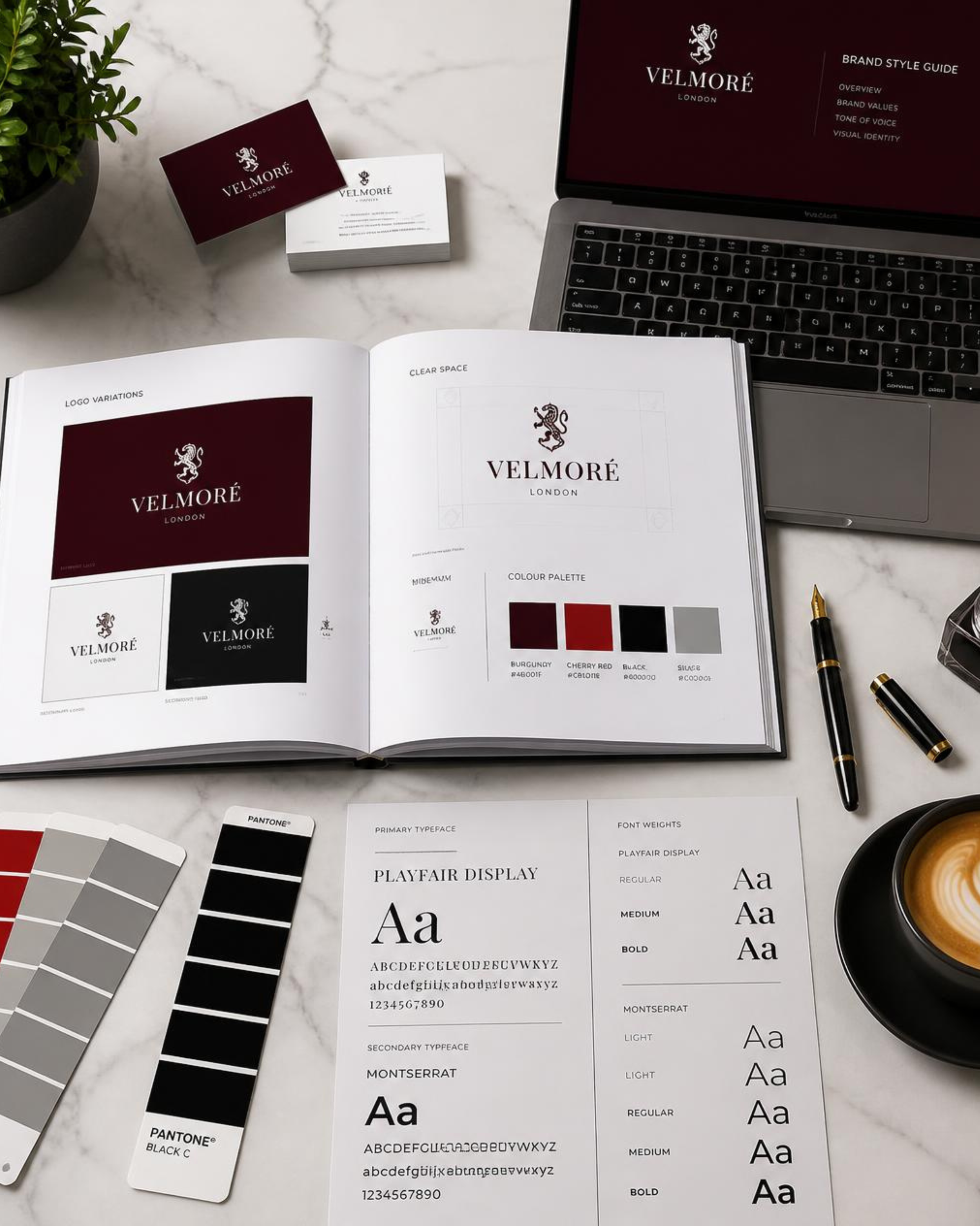 Branding style guide for Velmore London, including logo variations, color palette, and typography samples on an open book, with a laptop, business cards, a pen, and a color swatch on a marble surface.