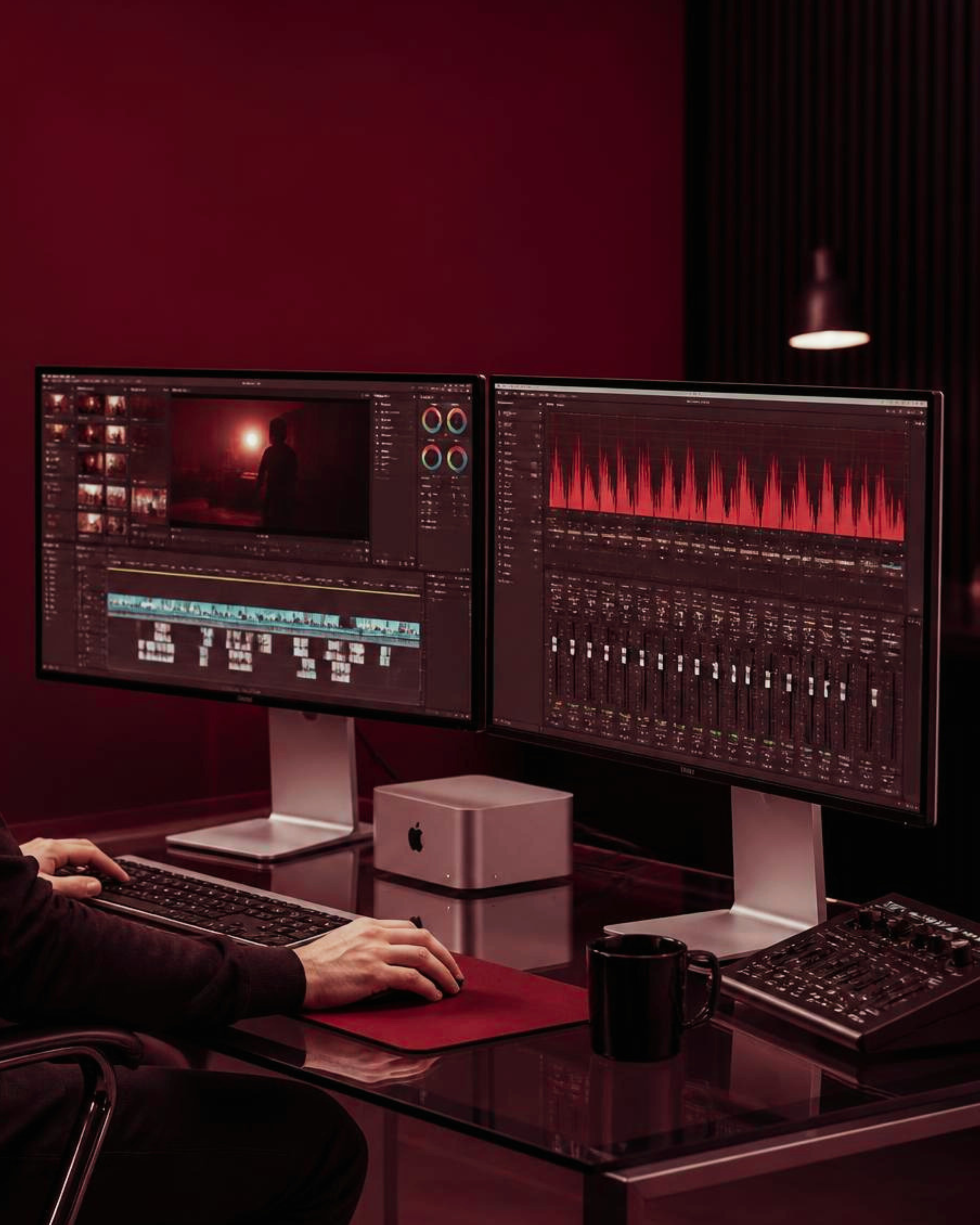 Dual computer monitors displaying photo editing and audio editing software in a dark red-lit workspace, with a person working at a desk with hands on keyboard, a black coffee mug, and an Apple Mac mini on the desk.