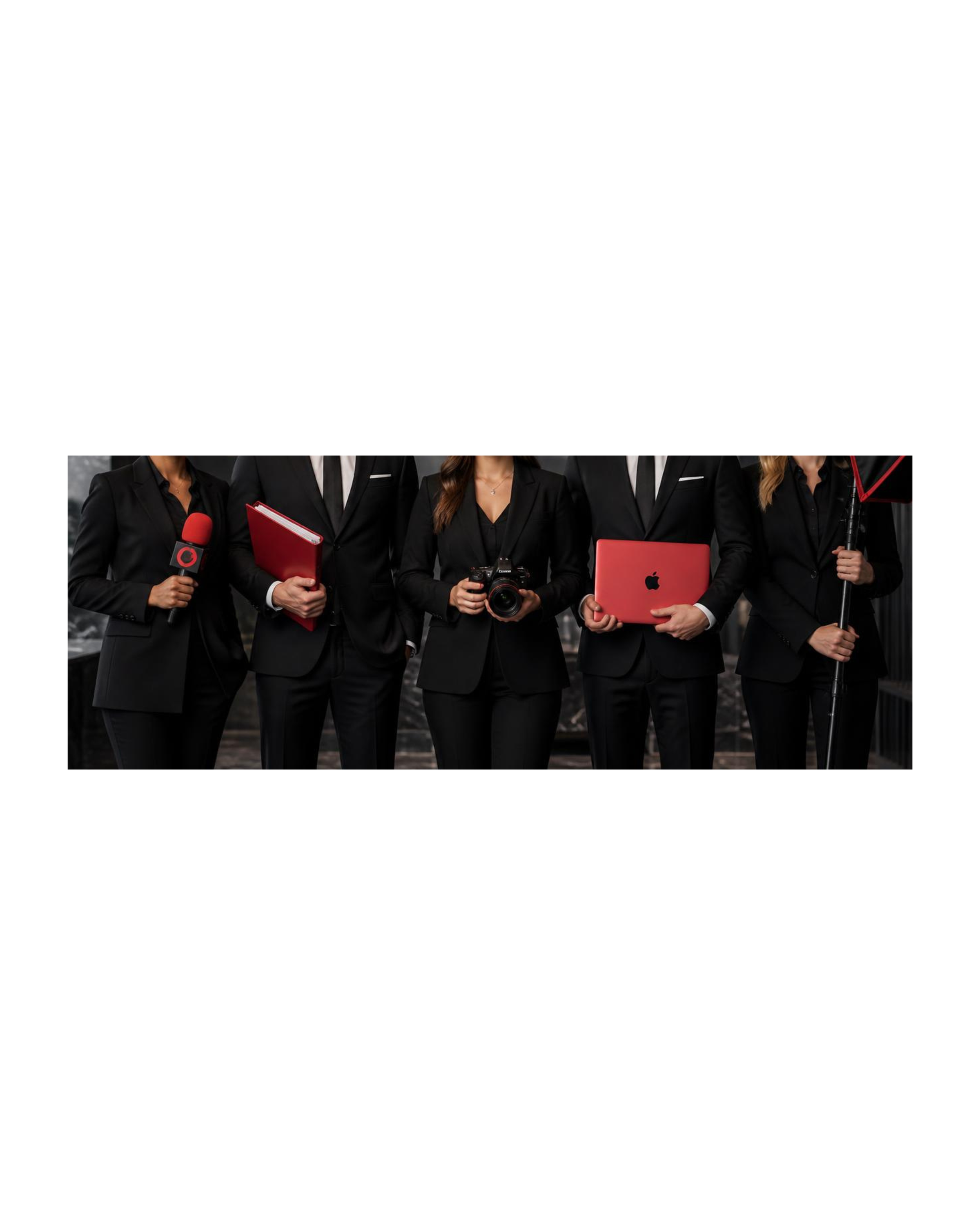 Group of five women dressed in black business suits, holding various media equipment, standing together outdoors in daytime.
