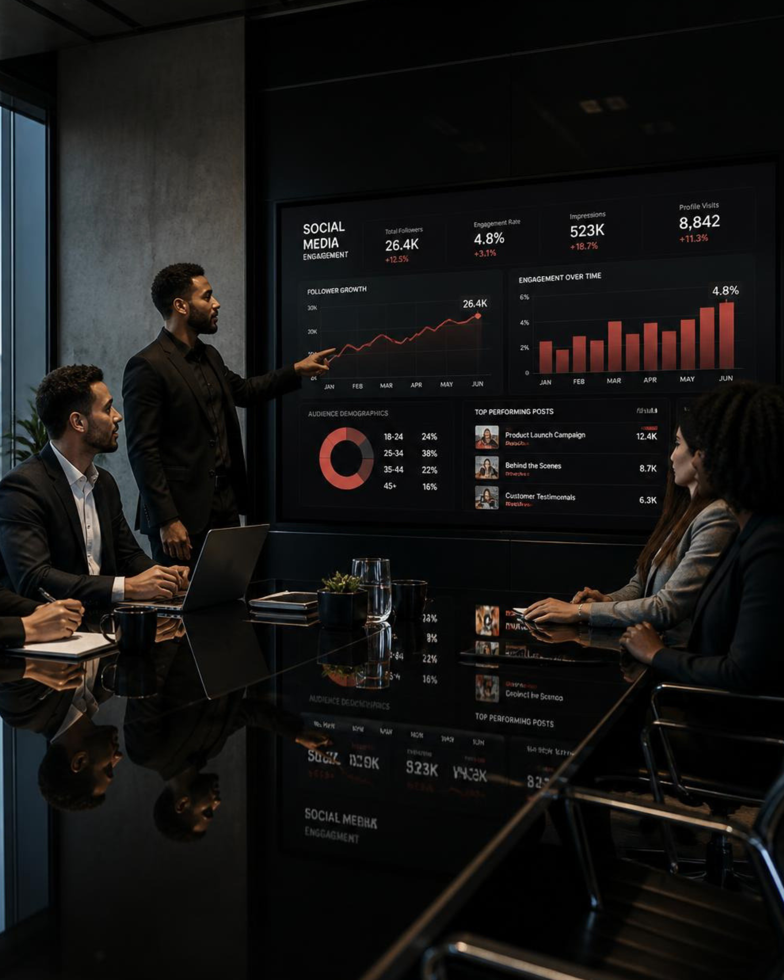 Business meeting with four people around a table in a modern conference room. One man is giving a presentation, pointing at a large screen displaying social media engagement statistics, graphs, and top posts. The room has dark walls and reflective black surfaces.