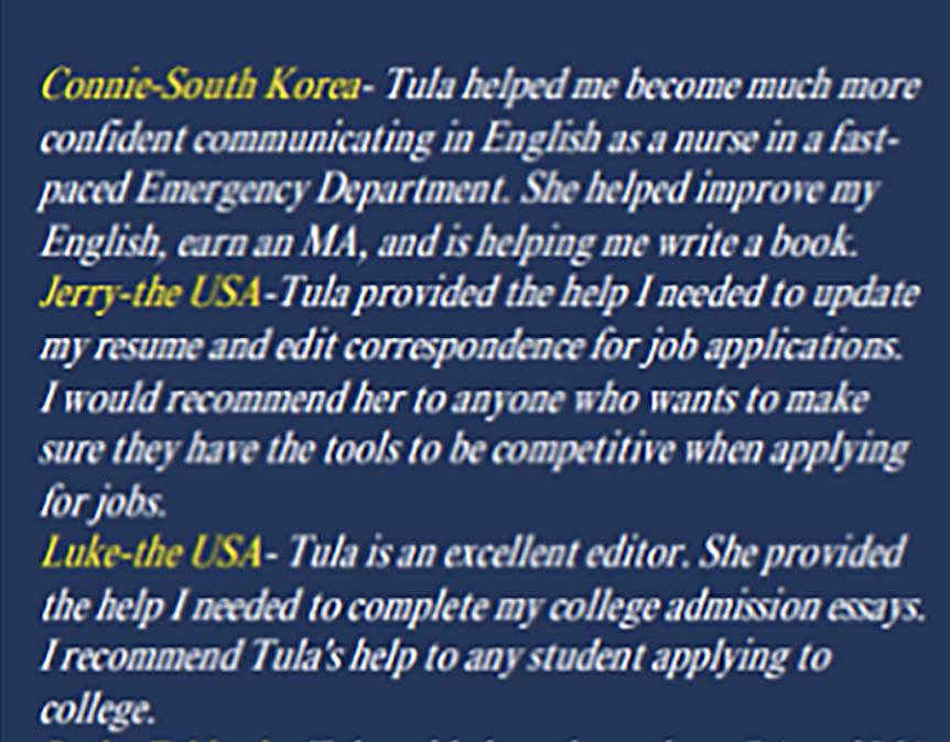 Testimonial about three individuals: Connie from South Korea, Jerry from the USA, and Luke from the USA, describing their helpfulness in learning English, updating resumes, and college admissions.