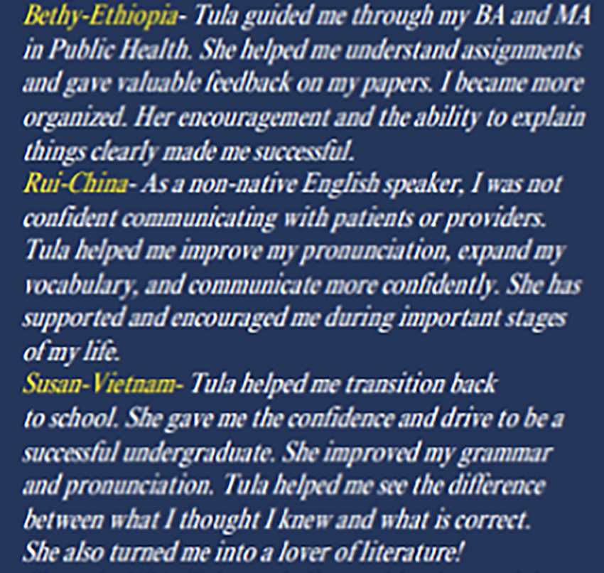 A testimonial text about three individuals, Bethy from Ethiopia, Rui from China, and Susan from Vietnam, sharing how they helped the narrator improve academic, language, and confidence skills.