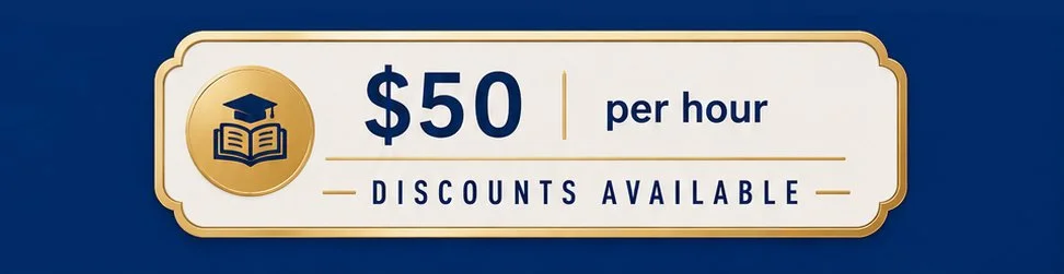 Sign displaying $50 per hour discounts available, with an icon of a book and graduation cap.