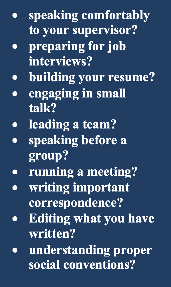 List of questions about communication and professional skills, including speaking to a supervisor, preparing for job interviews, building resumes, engaging in small talk, leading teams, giving speeches, running meetings, writing correspondence, editing, and understanding social conventions.