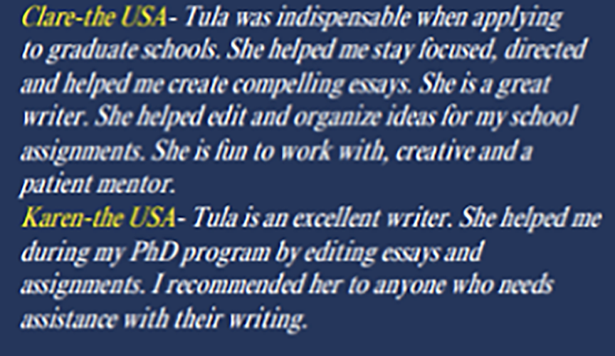 Text on a dark blue background sharing praise for two individuals, Clara-the USA and Karen-the USA, for their help in academic writing and editing, particularly in relation to graduate and PhD programs.
