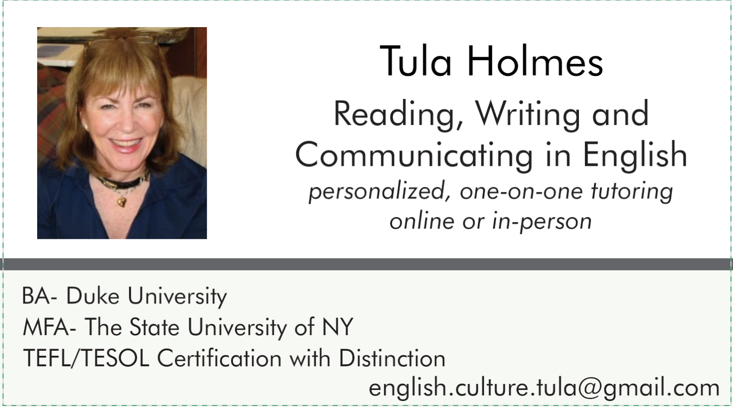 A professional contact card for Tula Holmes featuring a headshot of Tula Holmes, a smiling woman with reddish hair, wearing a blue top and a heart necklace, alongside her educational background and contact information.