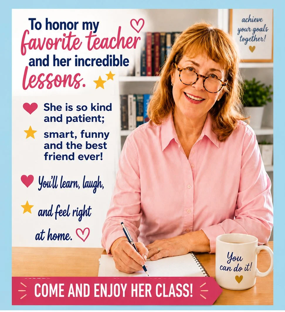 A cheerful woman with glasses and red hair sitting at a desk with a notebook and a mug that says 'You can do it!' She is smiling and wearing a pink button-up shirt, with a bookshelf and a framed quote in the background. The image contains colorful text and symbols honoring her as a favorite teacher.