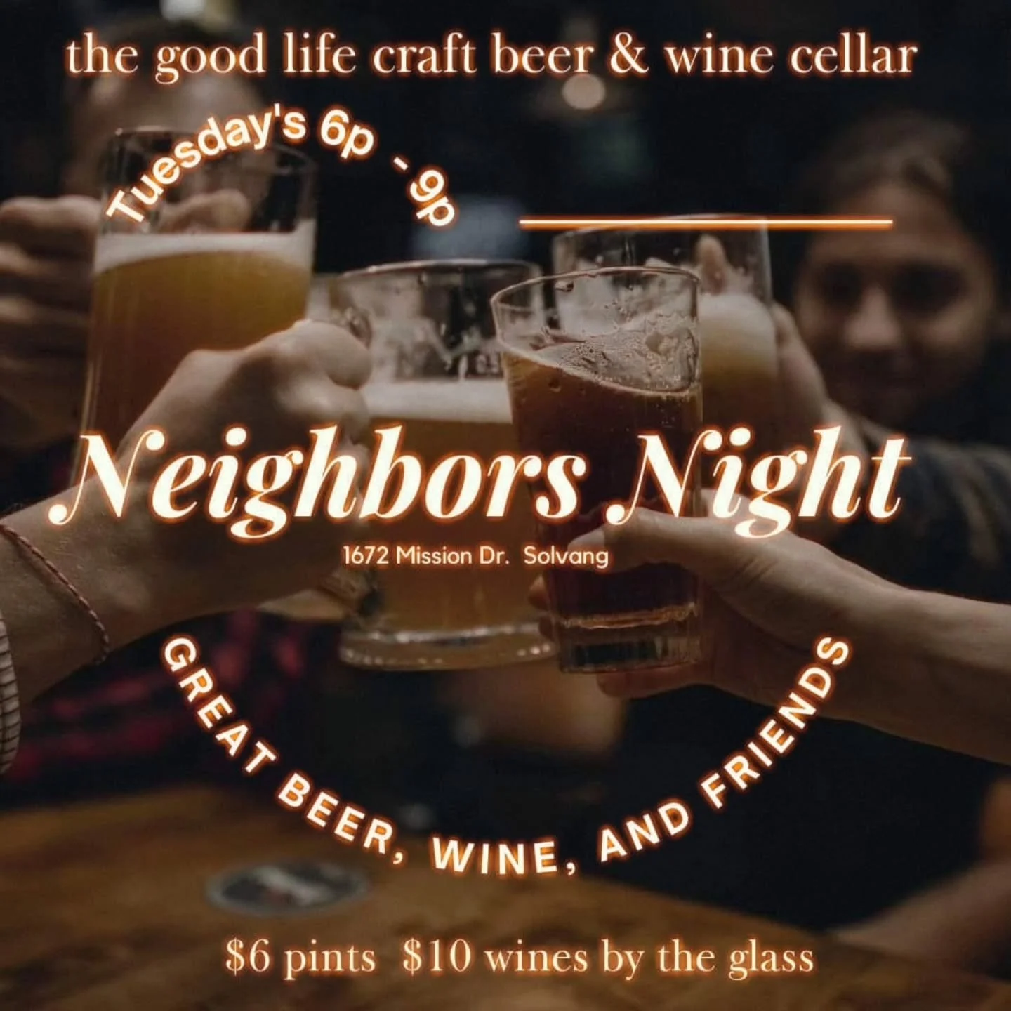 Tuesday is the best night of the week!  Grab your friends or come on in and meet new ones!  Its Neighbors Night! Local wine, CA craft beer and great hospitality!  #neighborsnightout #loveourlocals #svywine #Solvangbeer #thegoodlifecellar
