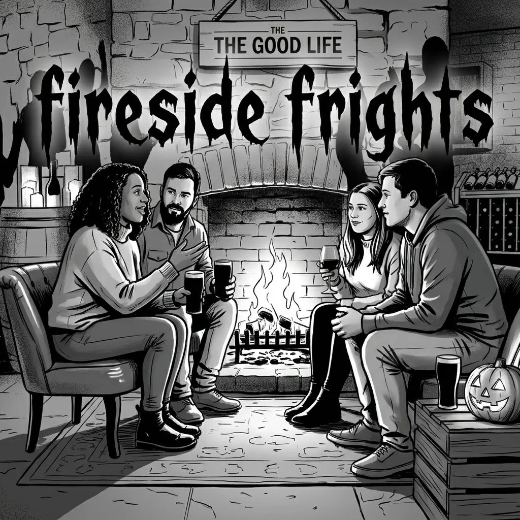 🔥 FIRESIDE FRIGHTS AT THE GOOD LIFE 🍷💀
Gather &rsquo;round the hearth tonight for an evening of ghostly tales, haunting local lore, and chilling spirits! Whether you&rsquo;ve got a bone-chilling story of your own to tell or just want to sit back w