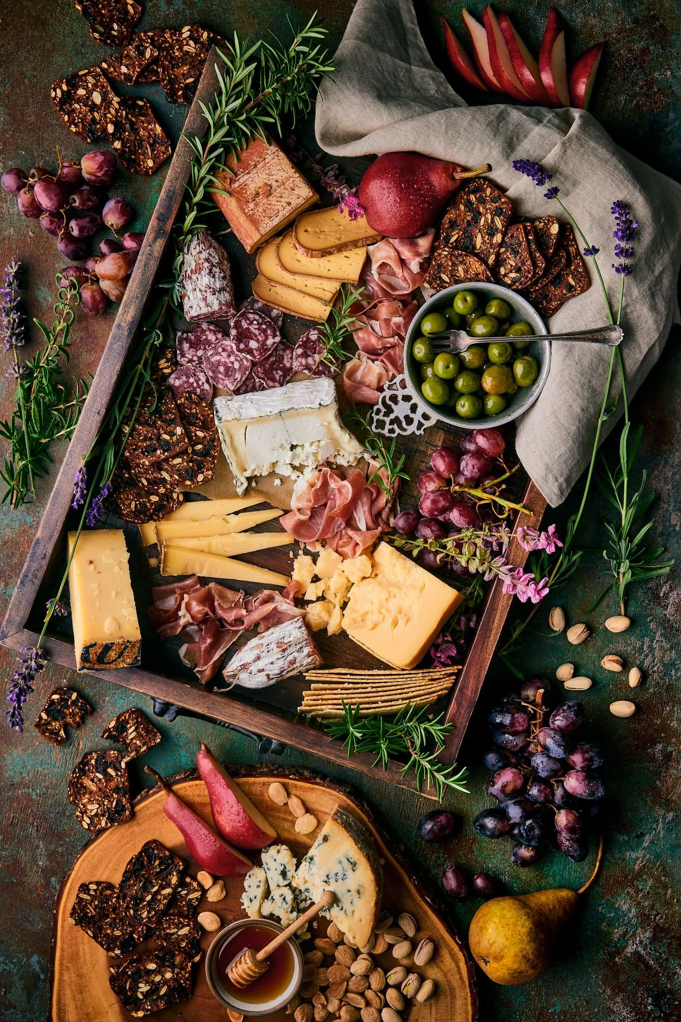 vegan, plant based, cheese, charcuterie, and small bites on a carvery board at the good life in solvang, ca