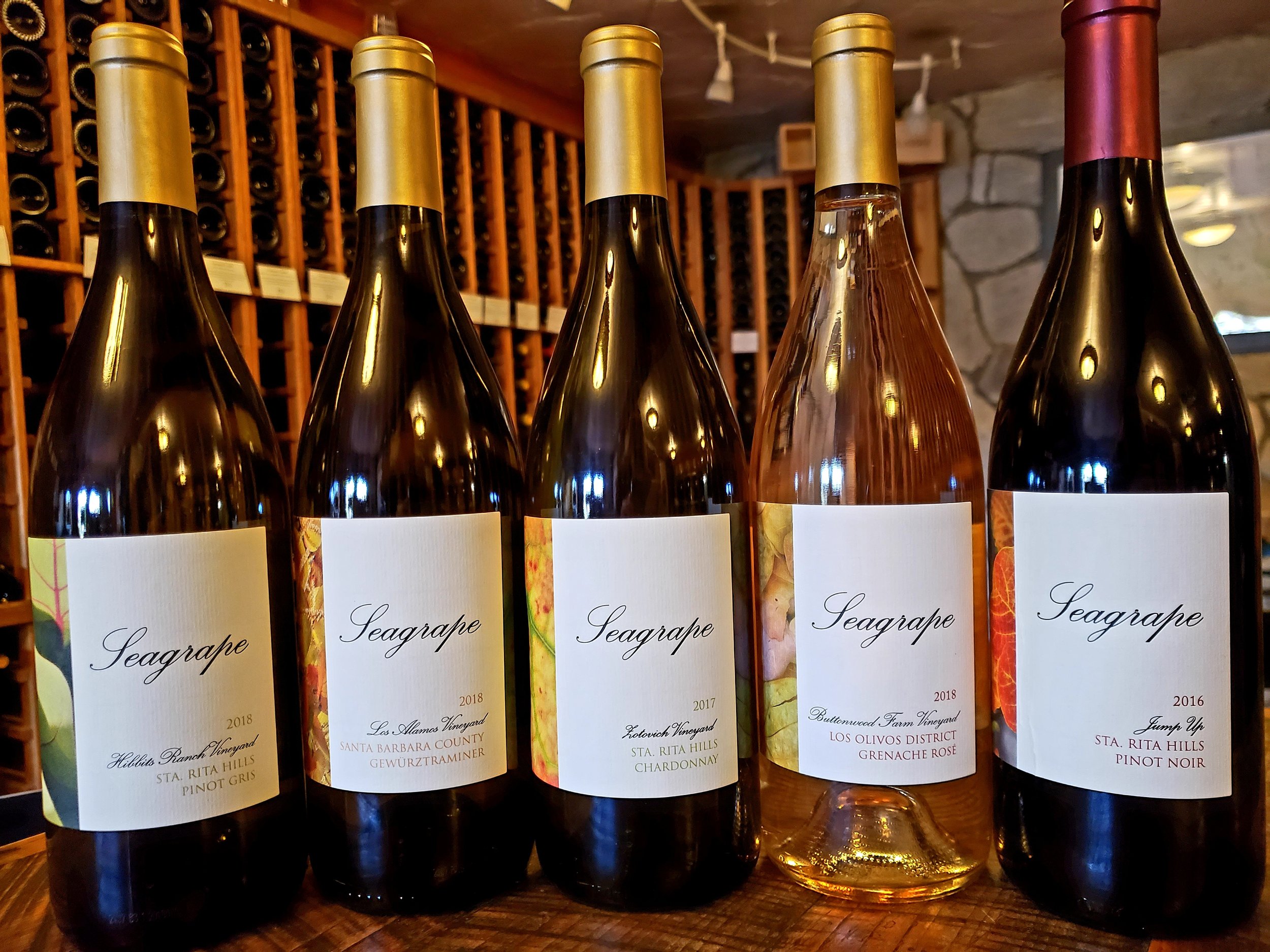 bottles of white wine, red wine, rose wine, and sparkling wine from the california central coast, santa ynez valley and solvang