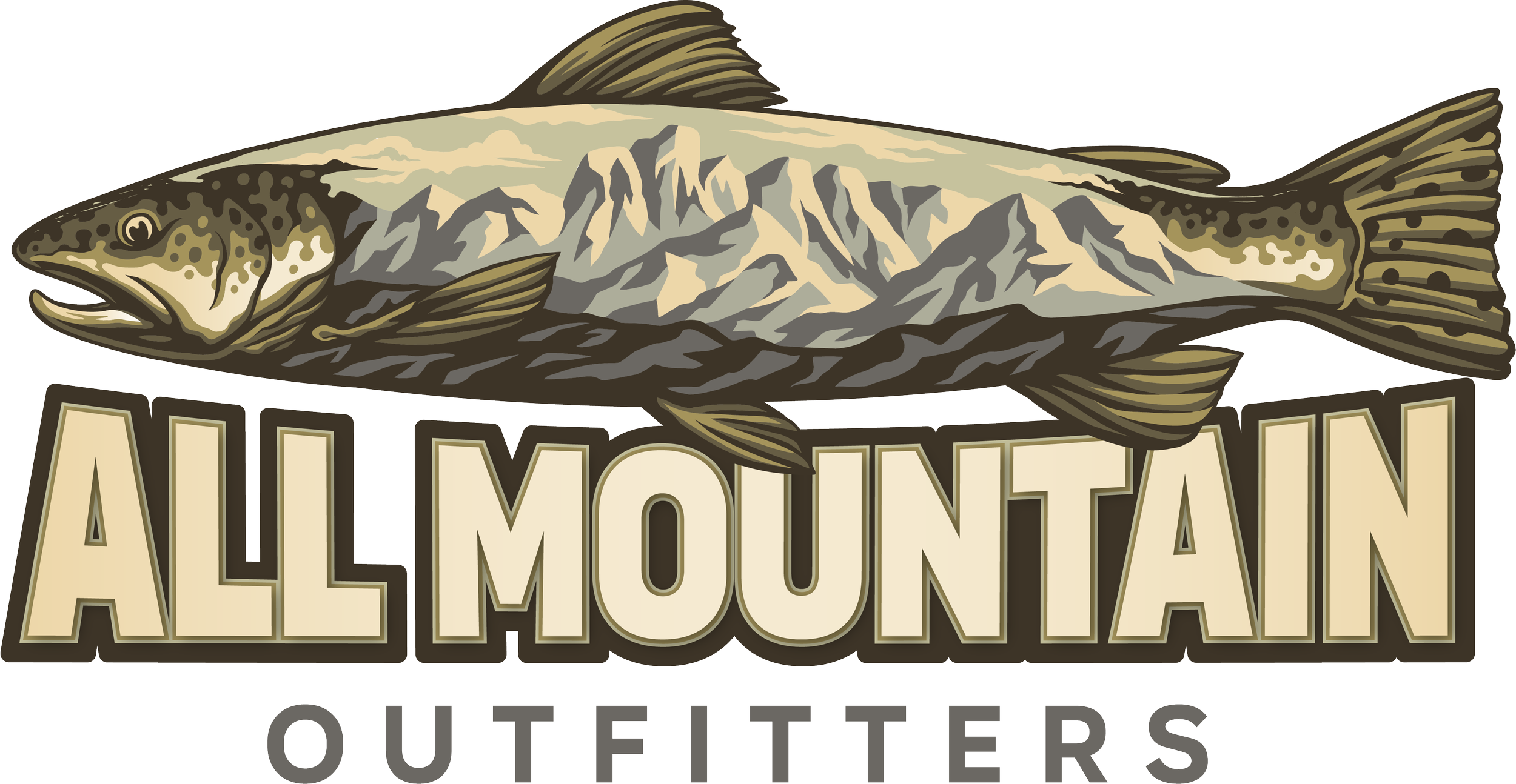 Logo for All Mountain Outfitters featuring a mountain trout fish with a mountain range on its body and the words 'All Mountain Outfitters' beneath.