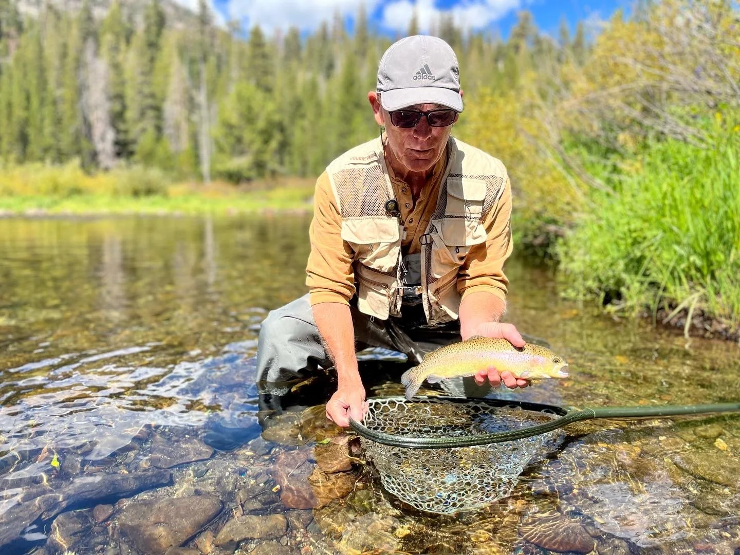 A man in outdoor fishing gear kneeling in a clear river, holding a rainbow trout he caught with a fishing net nearby, surrounded by a lush green forest under a bright blue sky.