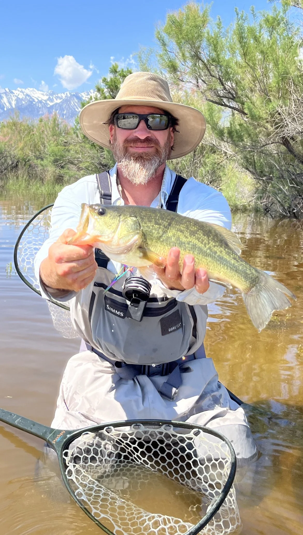Man wearing a hat, sunglasses, and fishing gear standing in a river holding a large fish he caught, with trees and mountains in the background.
