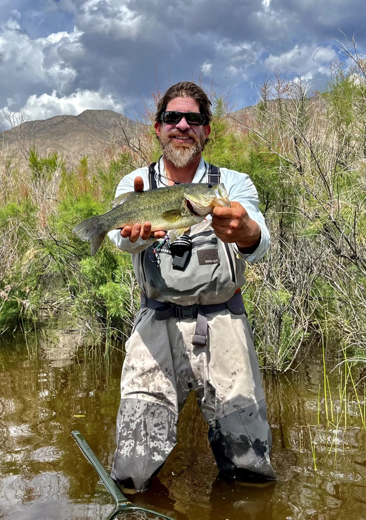 Man in fishing gear standing in water, holding a large bass fish with a background of mountains, bushes, and partly cloudy skies.