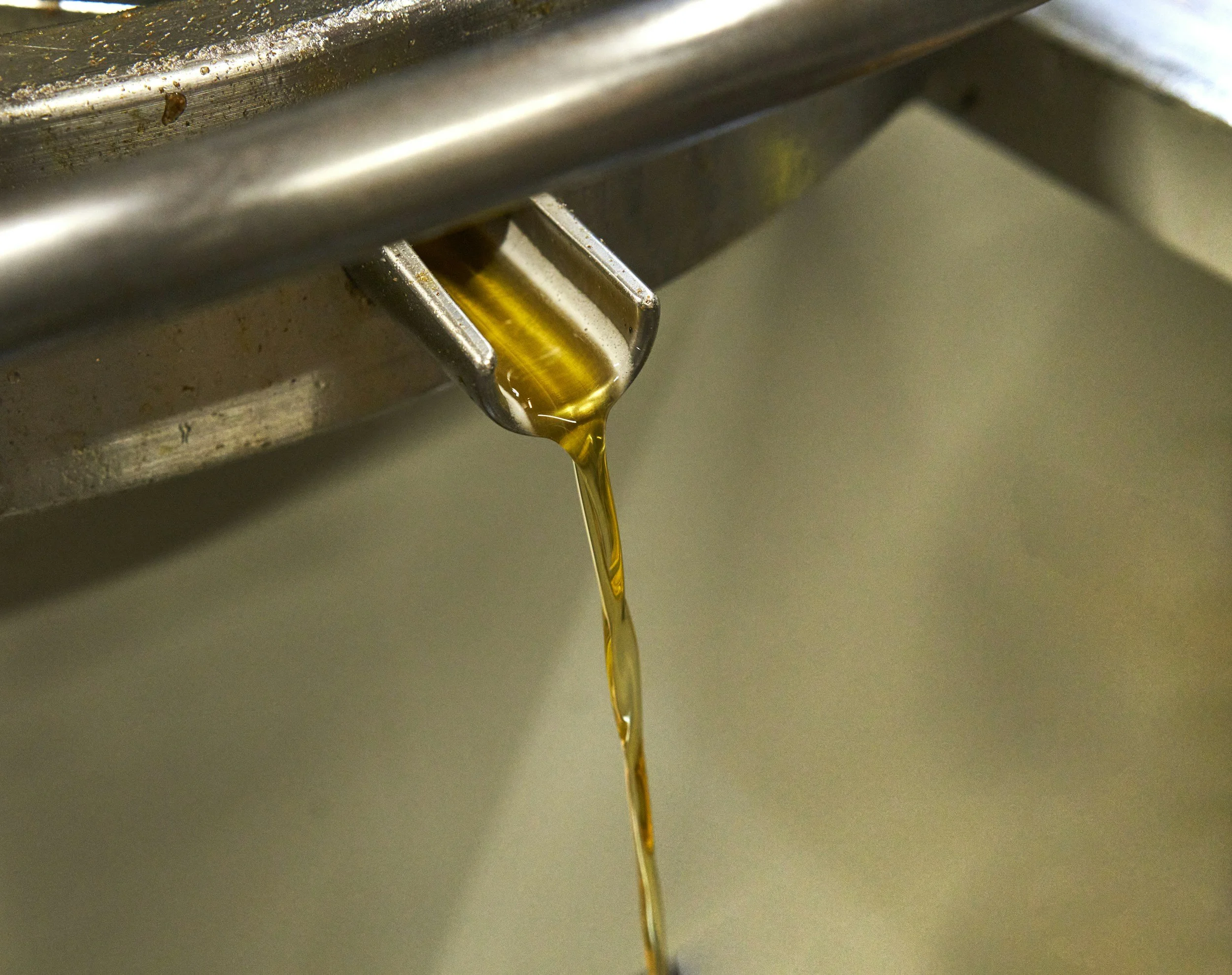 Close-up of a drip of golden honey falling from a metal honey extractor.