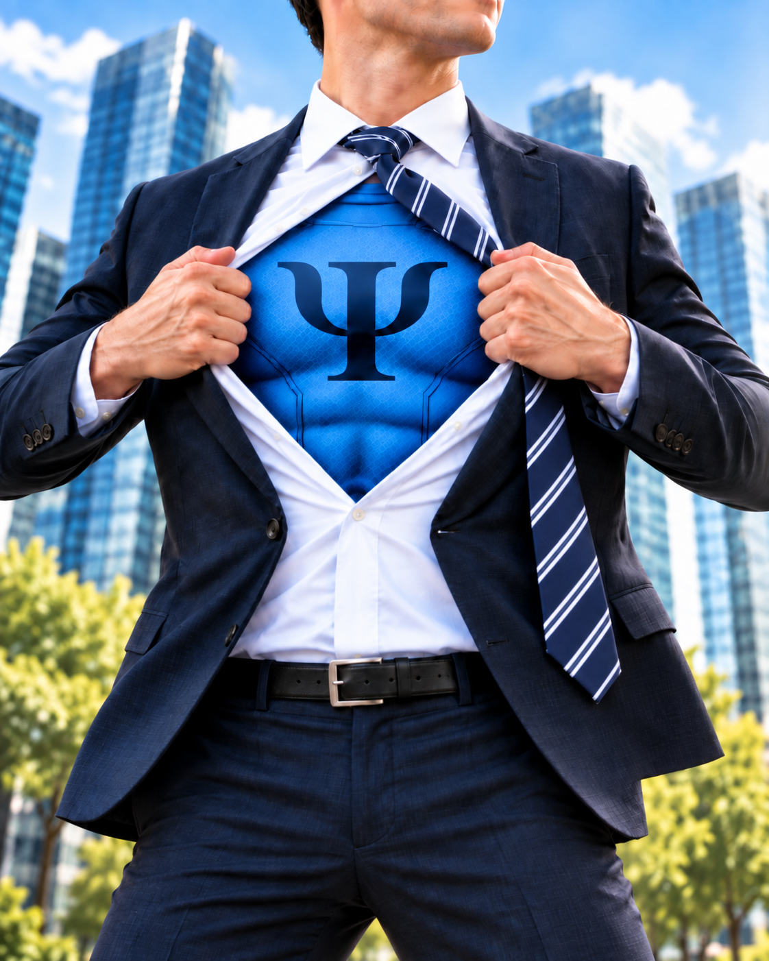 Super I-O Psychologist superhero in a blue suit opening his shirt to reveal a superhero uniform with a psi symbol on the chest.