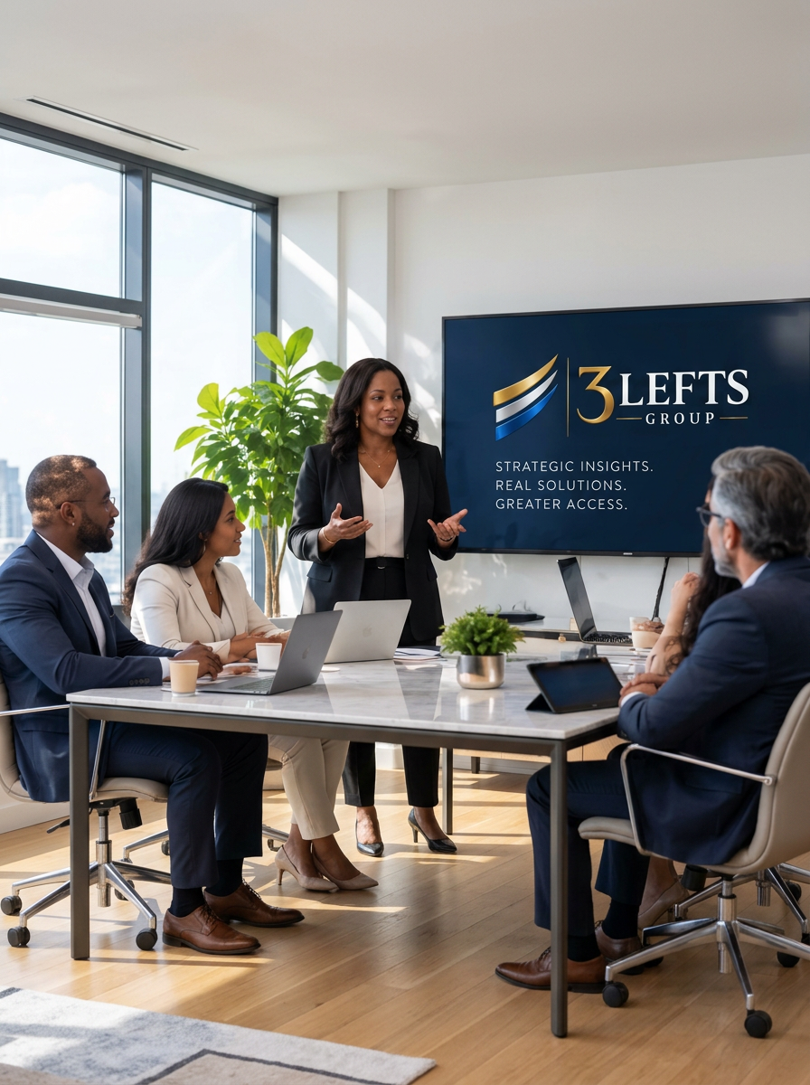 A woman giving a presentation, 3 Lefts Group logo, Strategic Insights. Real Solutions. Greater Access. Life Science. Health Plans. PBM. Contract Negotiation. Vaccines. Rare Disease. Specialty Pharmacy. Health Systems. IDNS. Distribution Channel.