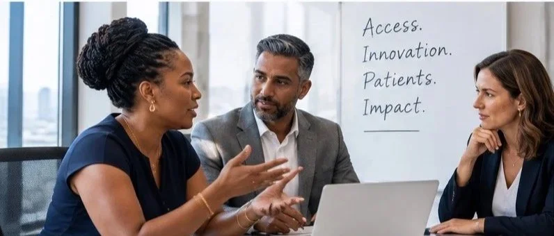 Three professionals having a discussion in a modern office with a whiteboard that reads "Access. Innovation. Patients. Impact."  Health Plans. PBM. Contract Negotiation. Vaccines. Rare Disease. Specialty Pharmacy. Health Systems. IDNS. Distribution.