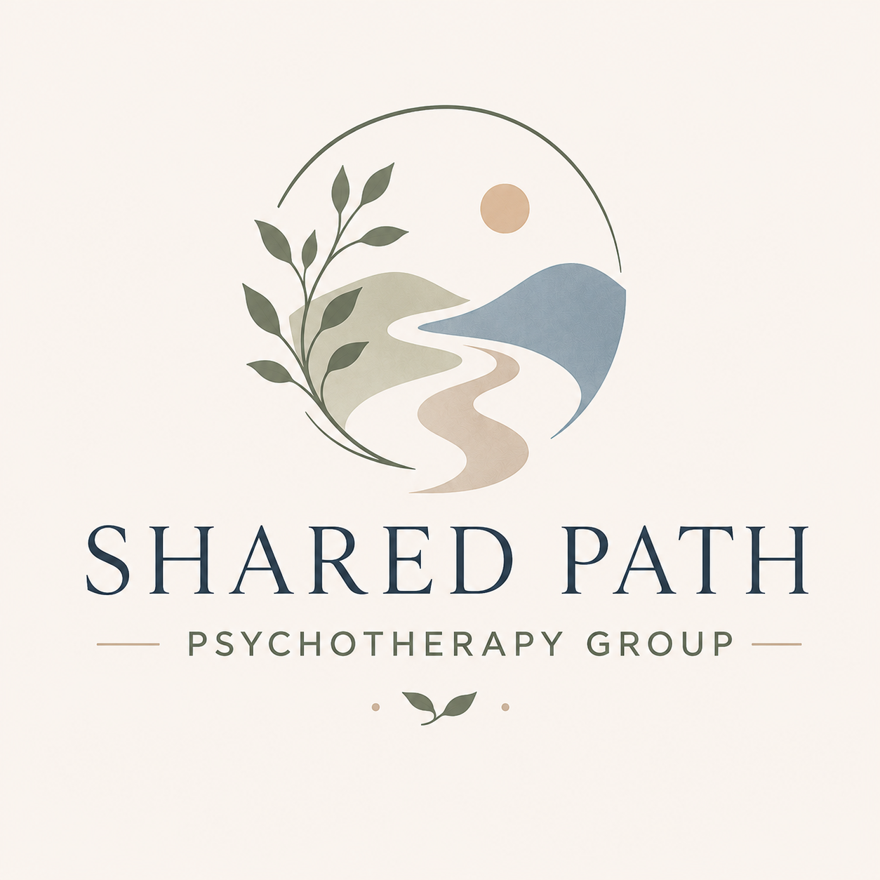 Logo for Shared Path Psychotherapy Group with a circular design including a landscape, river, mountain, leaves, and sun.