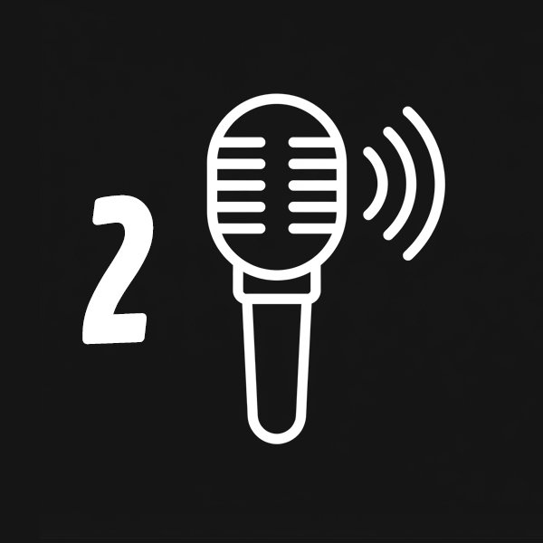 Icon of a microphone with sound waves and the number 2 on a black background.