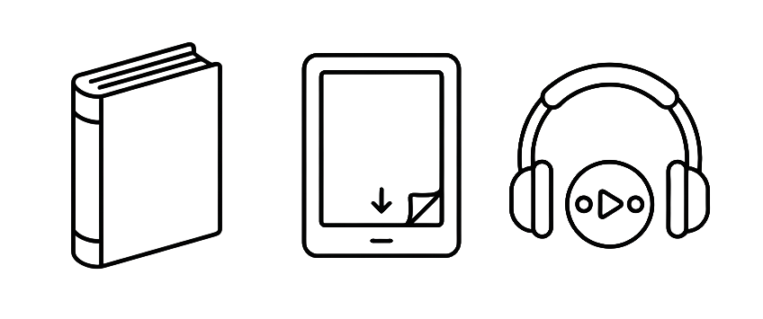 Line drawing of a closed book, an e-reading device with a downward arrow on the screen, and a pair of headphones with a play button.