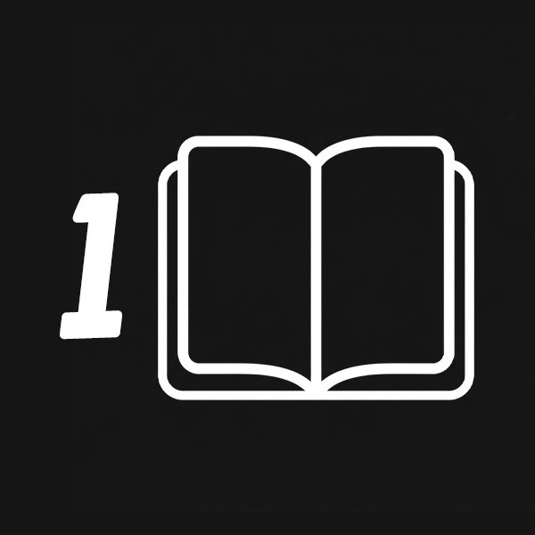 Number one next to an open book icon on a black background.