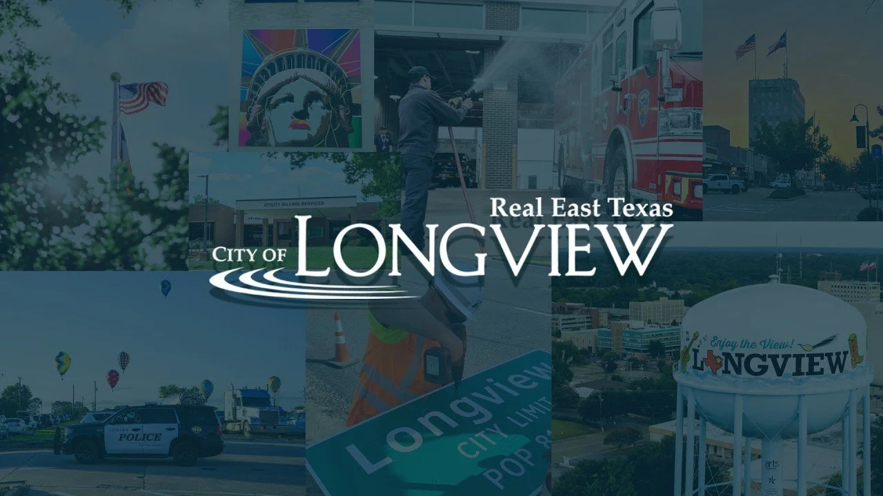 Collage of images representing Longview, Texas, including city water tower, fire truck, police vehicle, hot air balloons, city signage, and downtown buildings.
