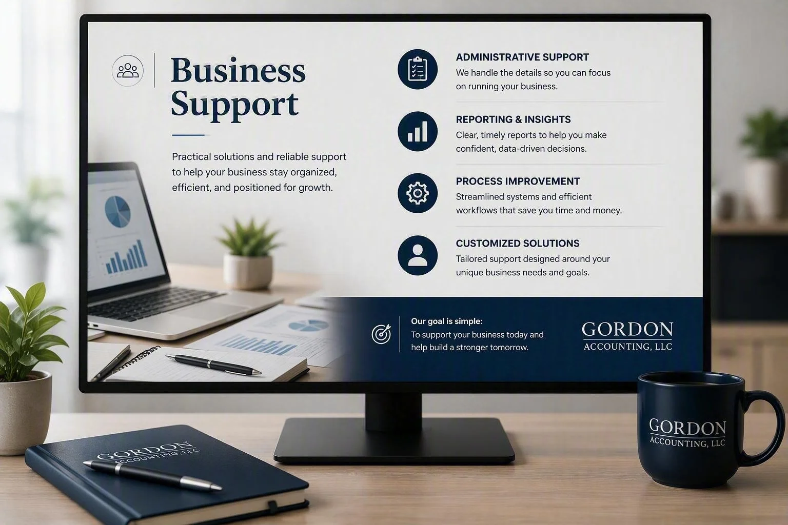 A desktop monitor displaying a presentation slide about business support services, with a laptop, a notebook, a pen, a coffee mug, and a potted plant on the desk.