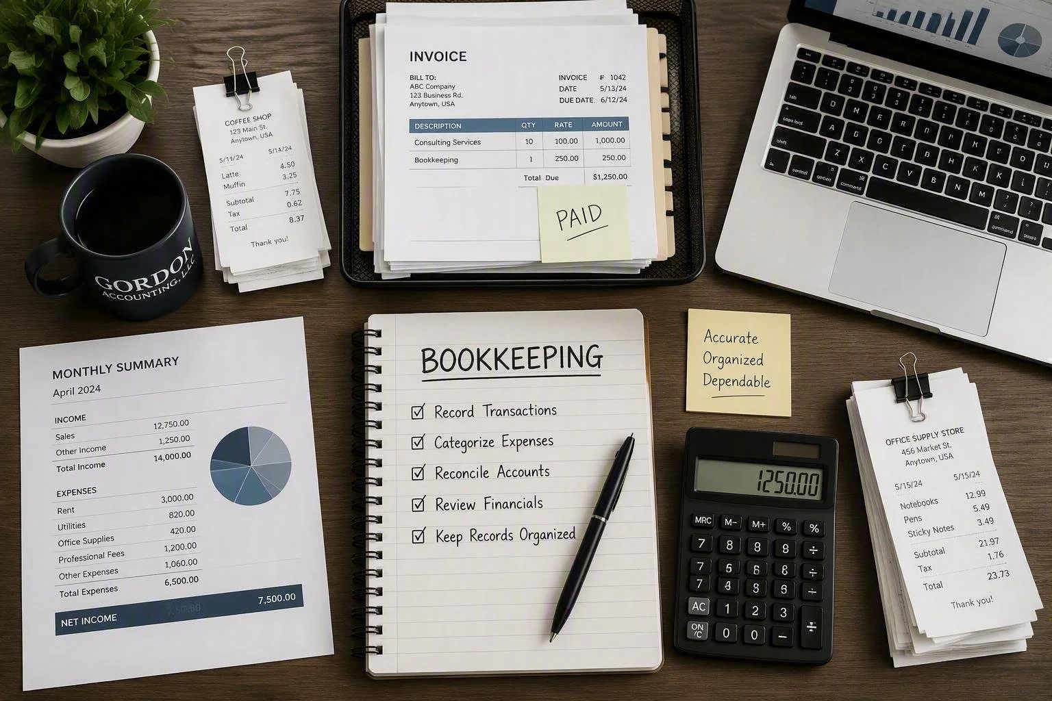 A desk with financial documents, a spiral notebook titled 'Bookkeeping' with checkmarks, a calculator displaying 1250.00, two stacks of receipts, a laptop showing charts, a pen, a sticky note with 'Accurate, Organized, Dependable', a green potted plant, and a coffee mug.