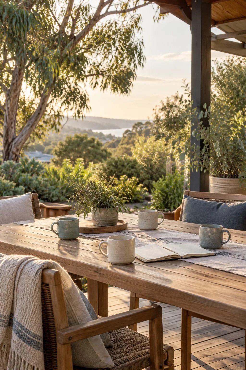 An outdoor wooden dining table set for four, with four ceramic mugs, an open notebook, and a potted plant centerpiece. The background shows lush greenery, trees, and a scenic view of distant hills and a body of water under a partly cloudy sky during sunset.