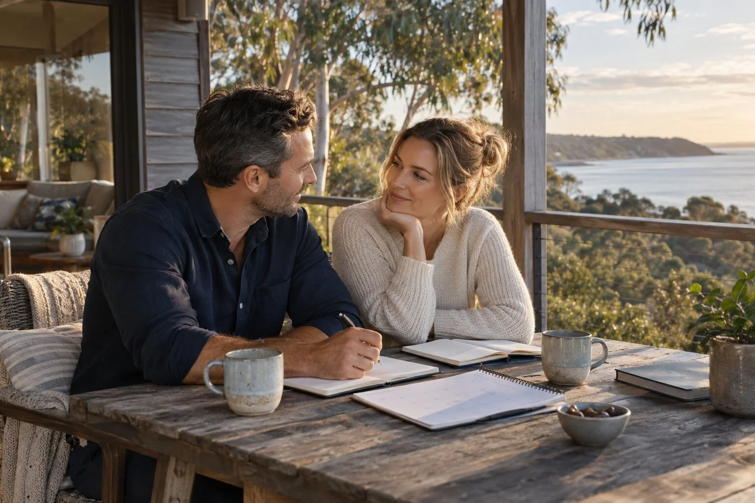 A man and a woman sitting at a rustic outdoor table, looking at each other warmly, with notebooks, cups, and a bowl on the table, overlooking a scenic coastal landscape at sunset.