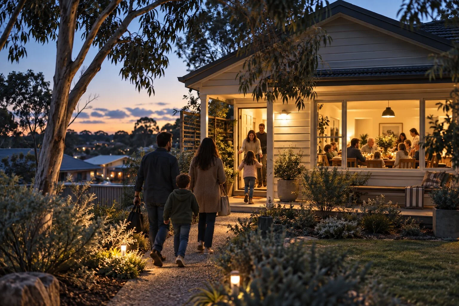 Family and friends arrive at a warmly lit house during sunset, with an outdoor garden pathway and people dining inside visible through large windows.