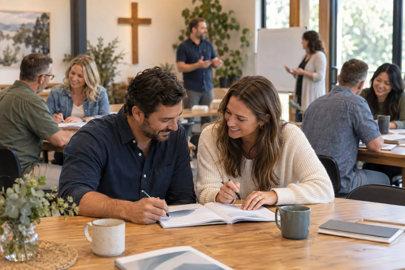 People attending a meeting or workshop in a well-lit room with large windows, a cross on the wall, and a whiteboard, engaged in discussions and taking notes.