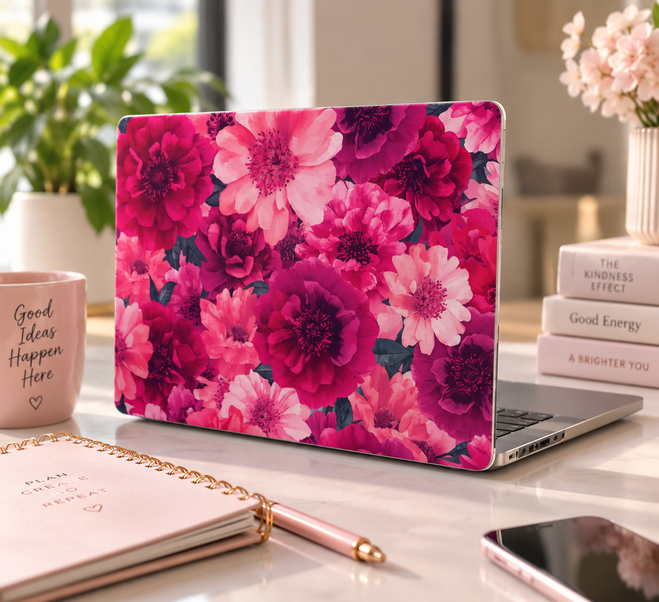 Laptop with a pink floral patterned cover, on a desk with a pink notebook, a pink mug with black writing, a pink pen, a smartphone, and stacked books, in a bright workspace with plants and sunlight.