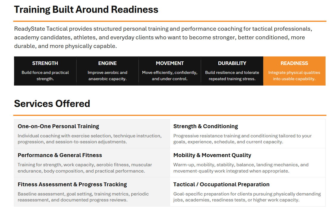 A webpage showcasing training programs focused on readiness, including sections on strength, engine, movement, durability, and readiness, along with offered services like personal training, fitness, and occupational preparation.