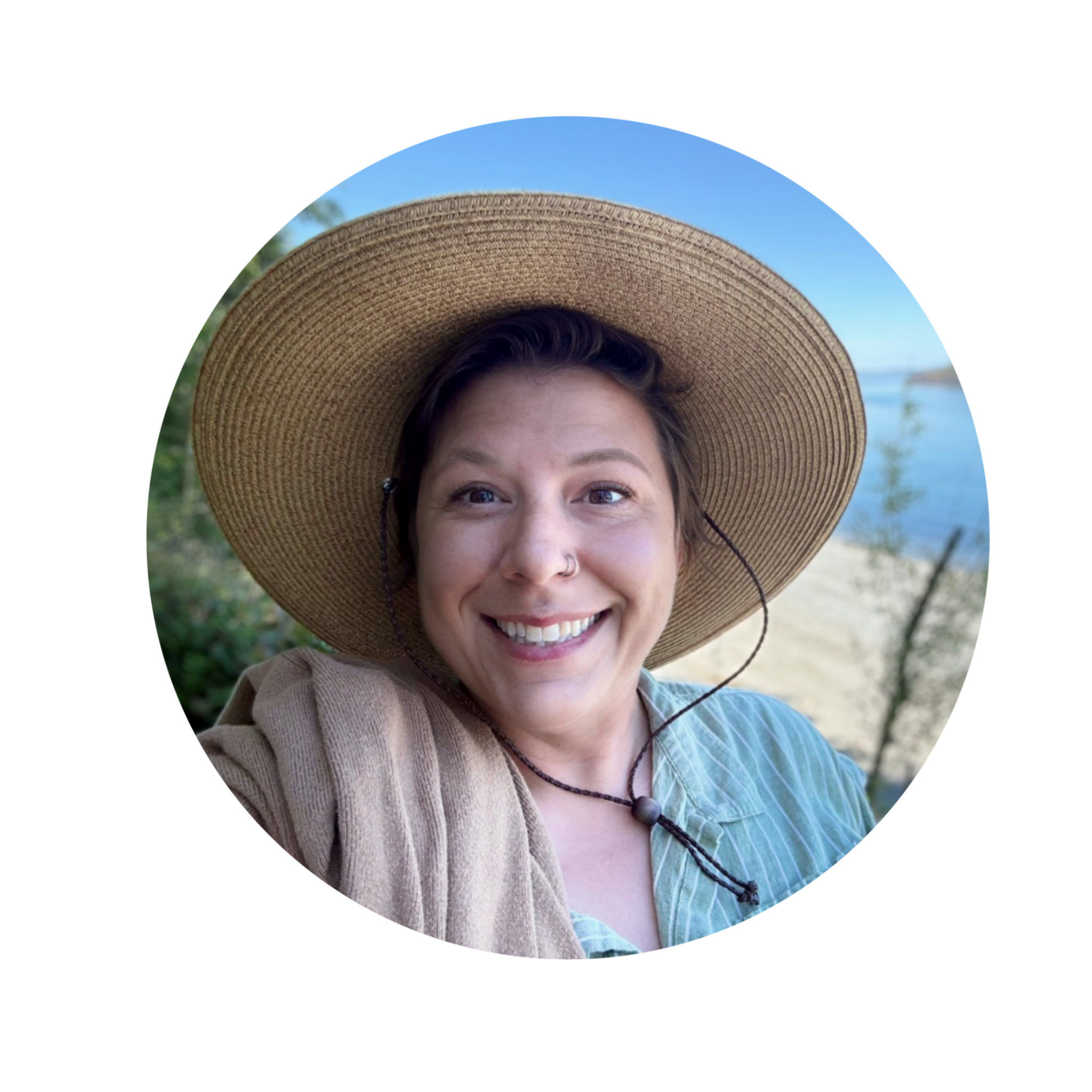 A woman smiling outdoors wearing a large straw hat and a blue shirt, with trees and a body of water in the background.