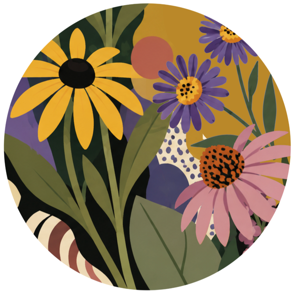Illustration of colorful flowers including yellow, purple, and pink blooms with green leaves and abstract background patterns.
