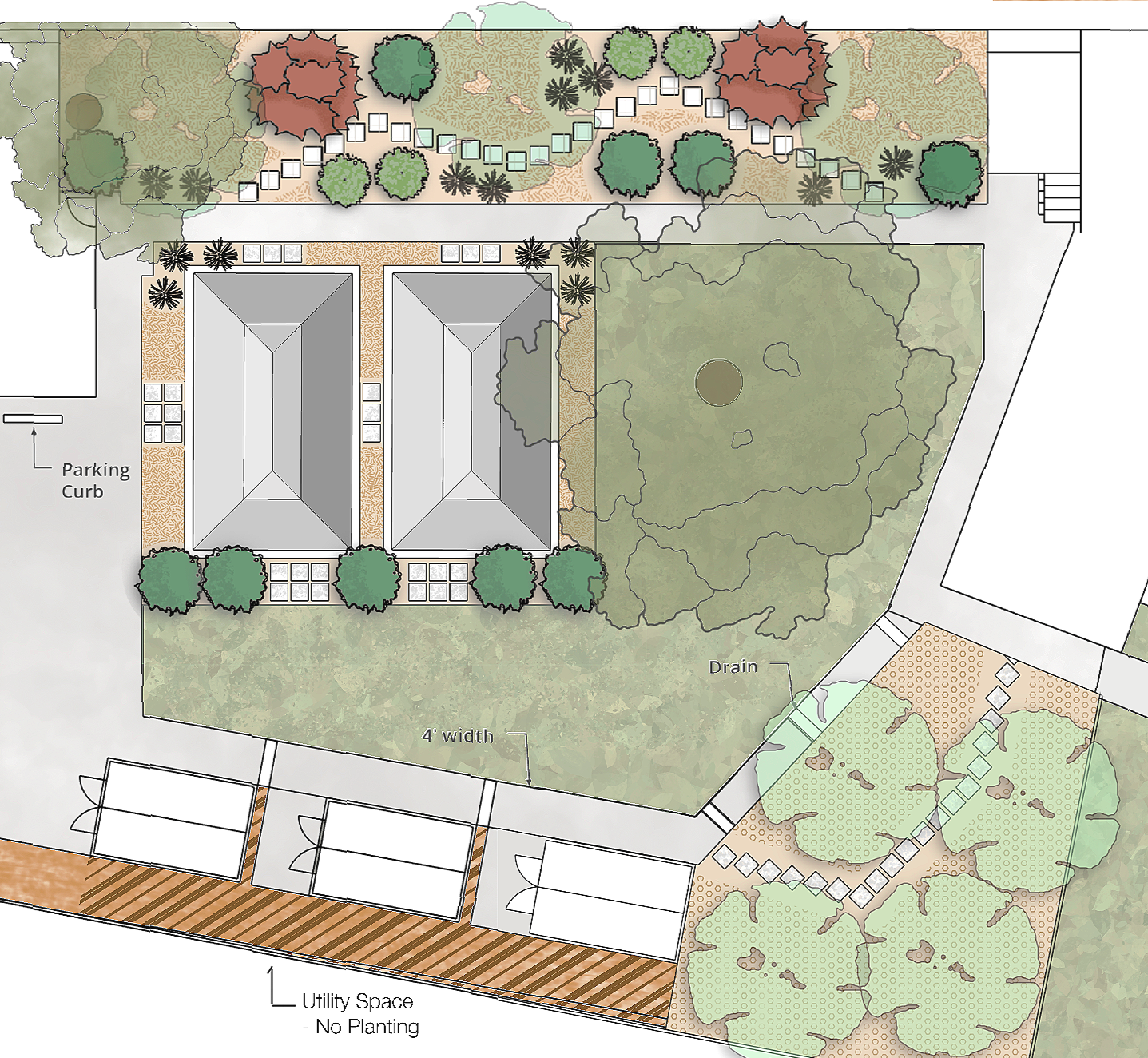 Image of a digital drawing of a landscape plan illustrating concrete hardscape, trees, and plant placement.