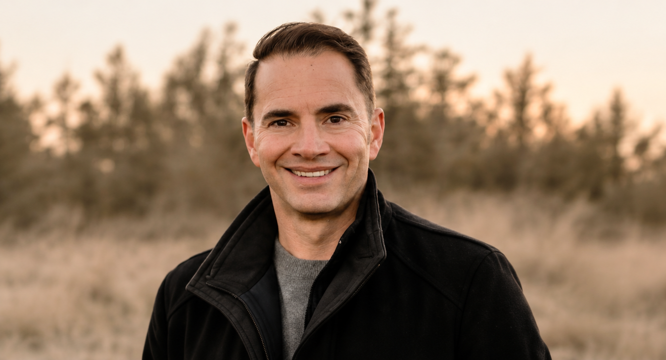 A smiling man with short brown hair wearing a black jacket and gray shirt outdoors with a blurred natural background.