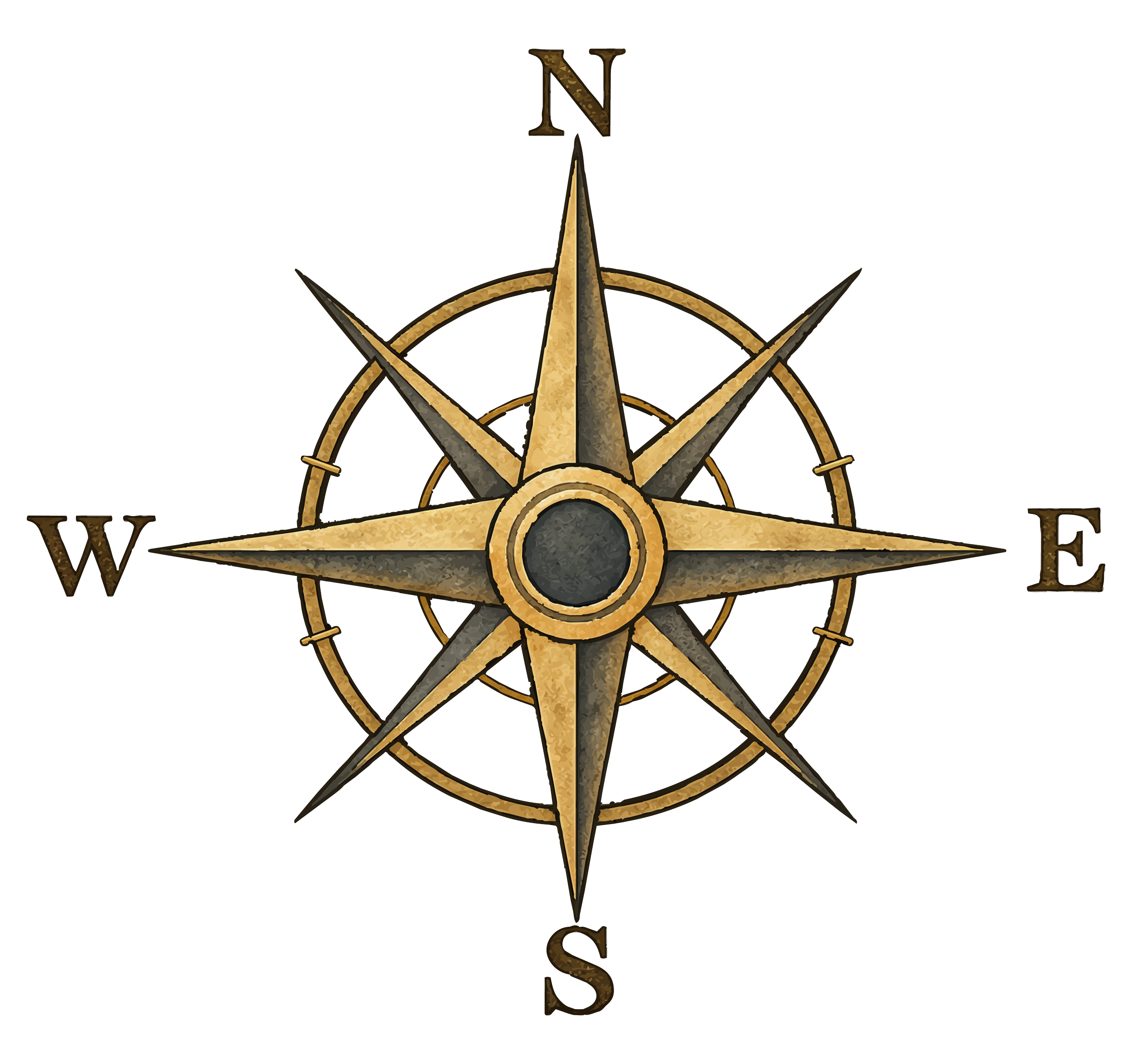 A decorative compass with the word with directional letters N, W, S, and E around it, designed in a gold and black colour scheme.