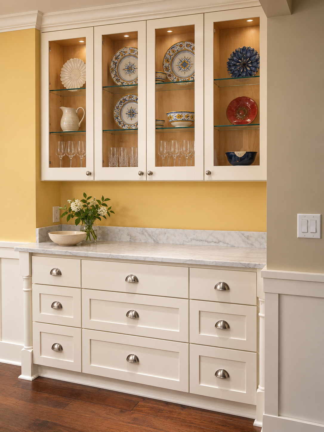 Glass-front display cabinets above cream drawers