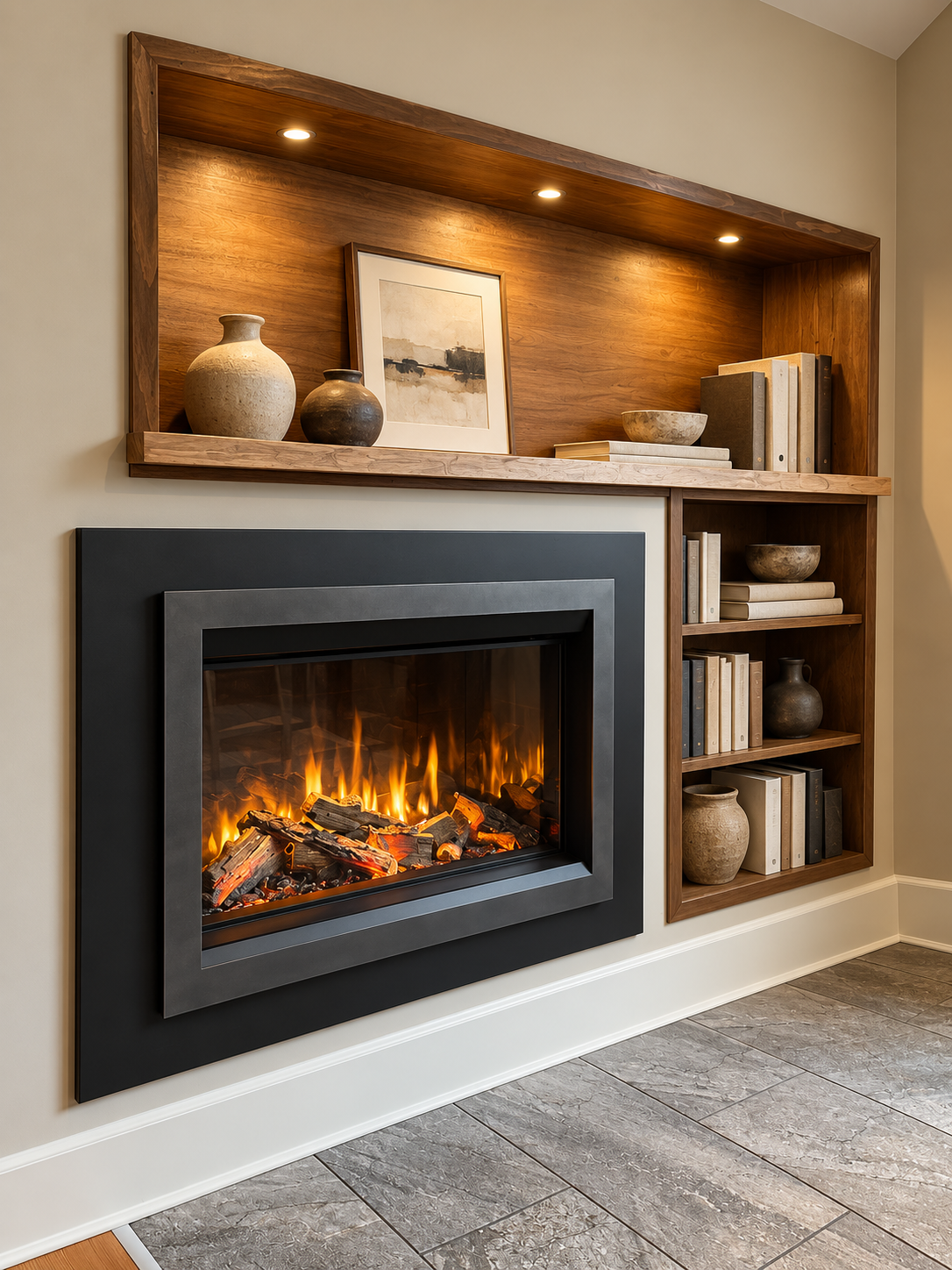 Fireplace with illuminated timber display shelves