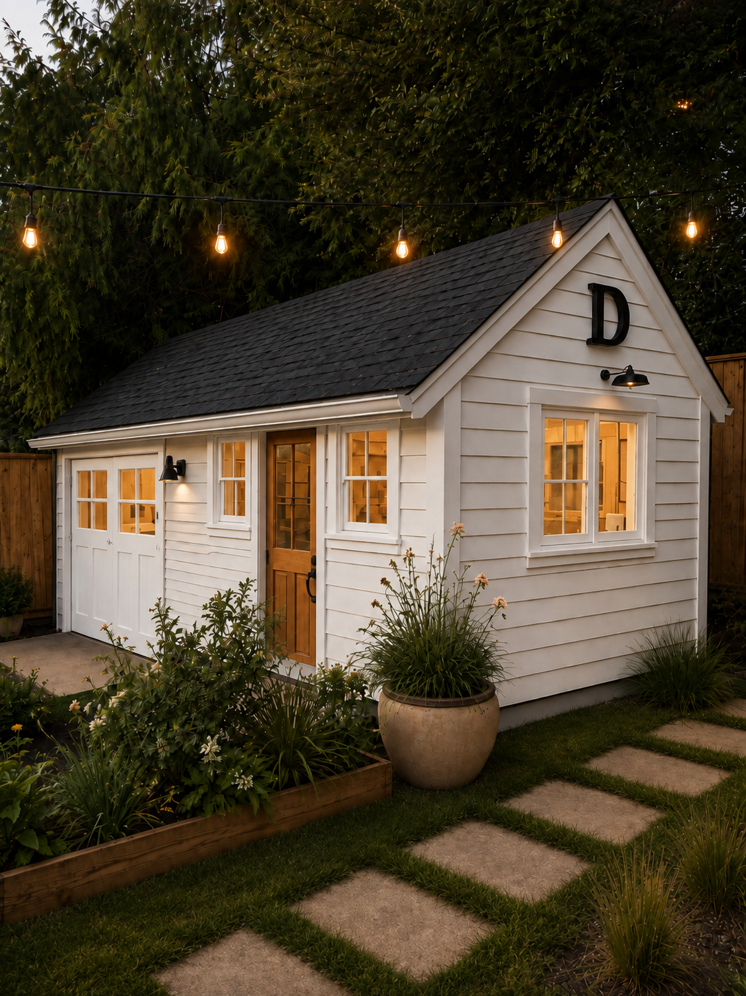 Garden cottage with a planted path and evening lights