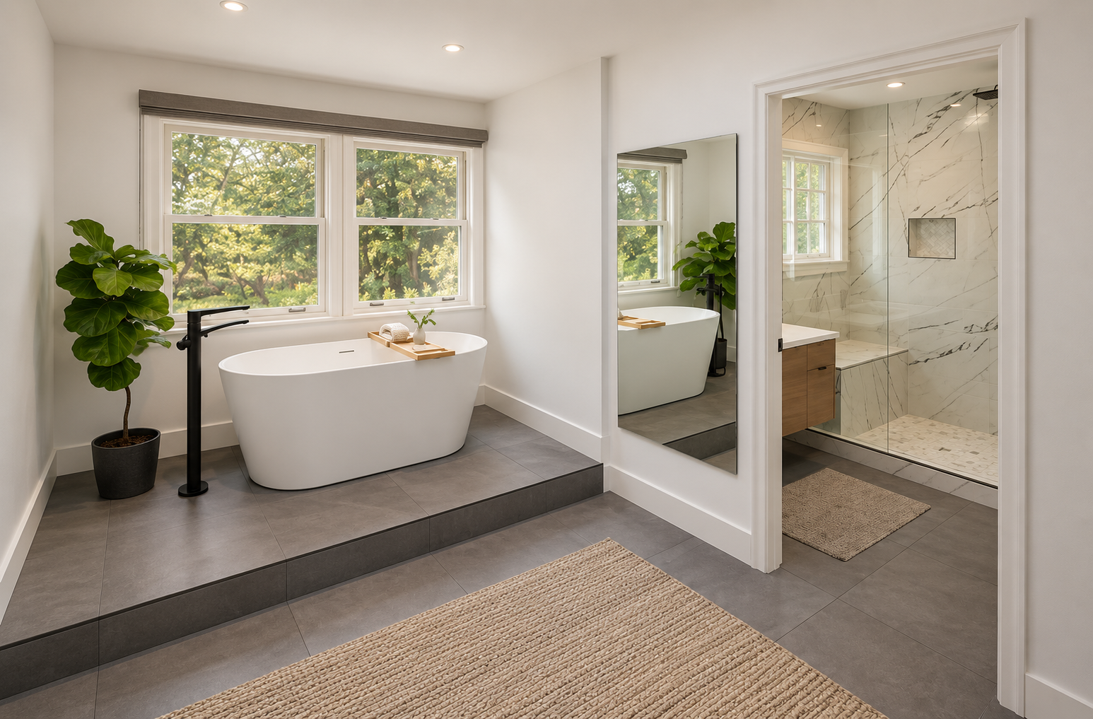 Garden-view freestanding tub and adjoining glass shower