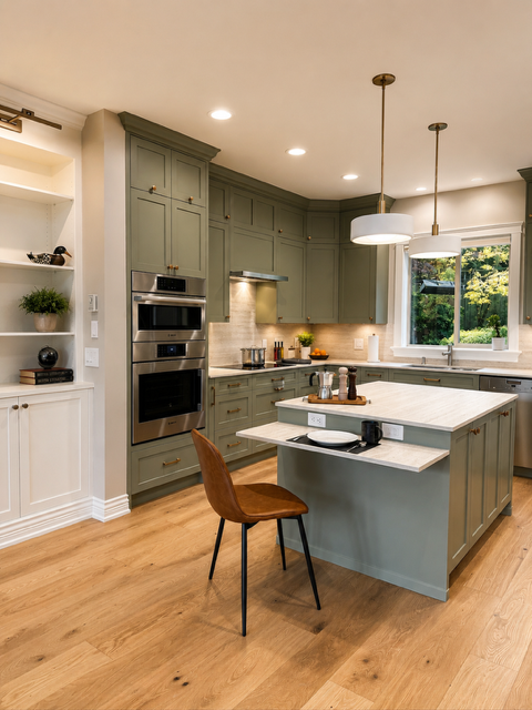 Modern kitchen with sage green cabinets, white marble countertops, built-in double oven, and a kitchen island with a brown chair, pendant lights, and a window overlooking greenery.