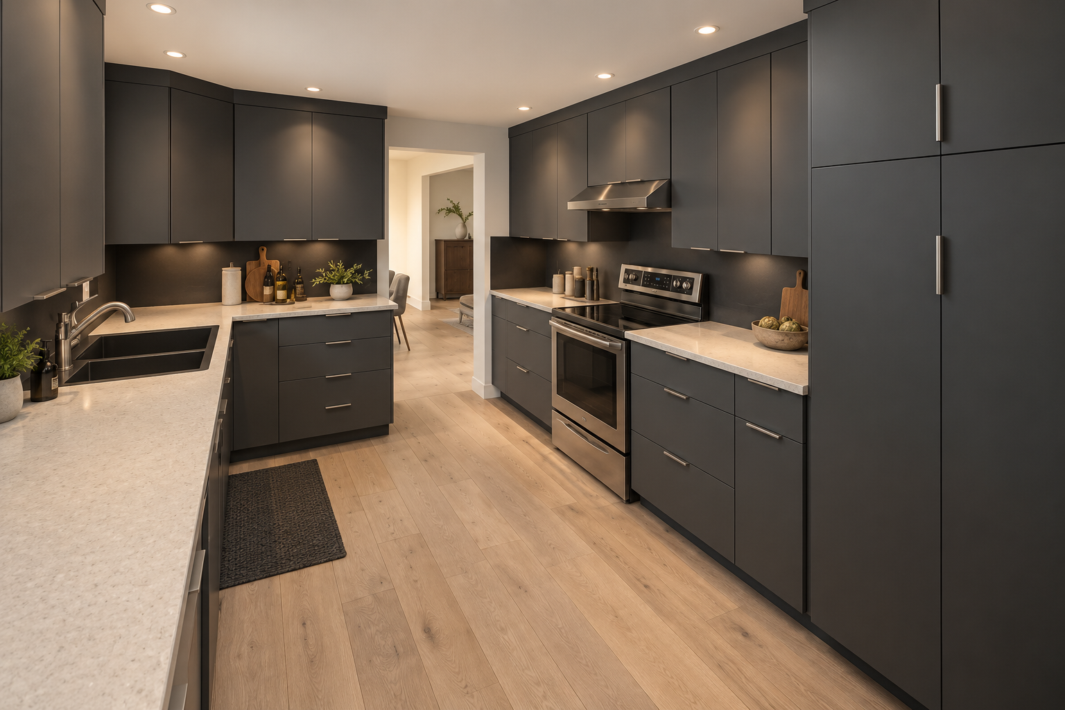 Charcoal kitchen with pale counters and oak flooring