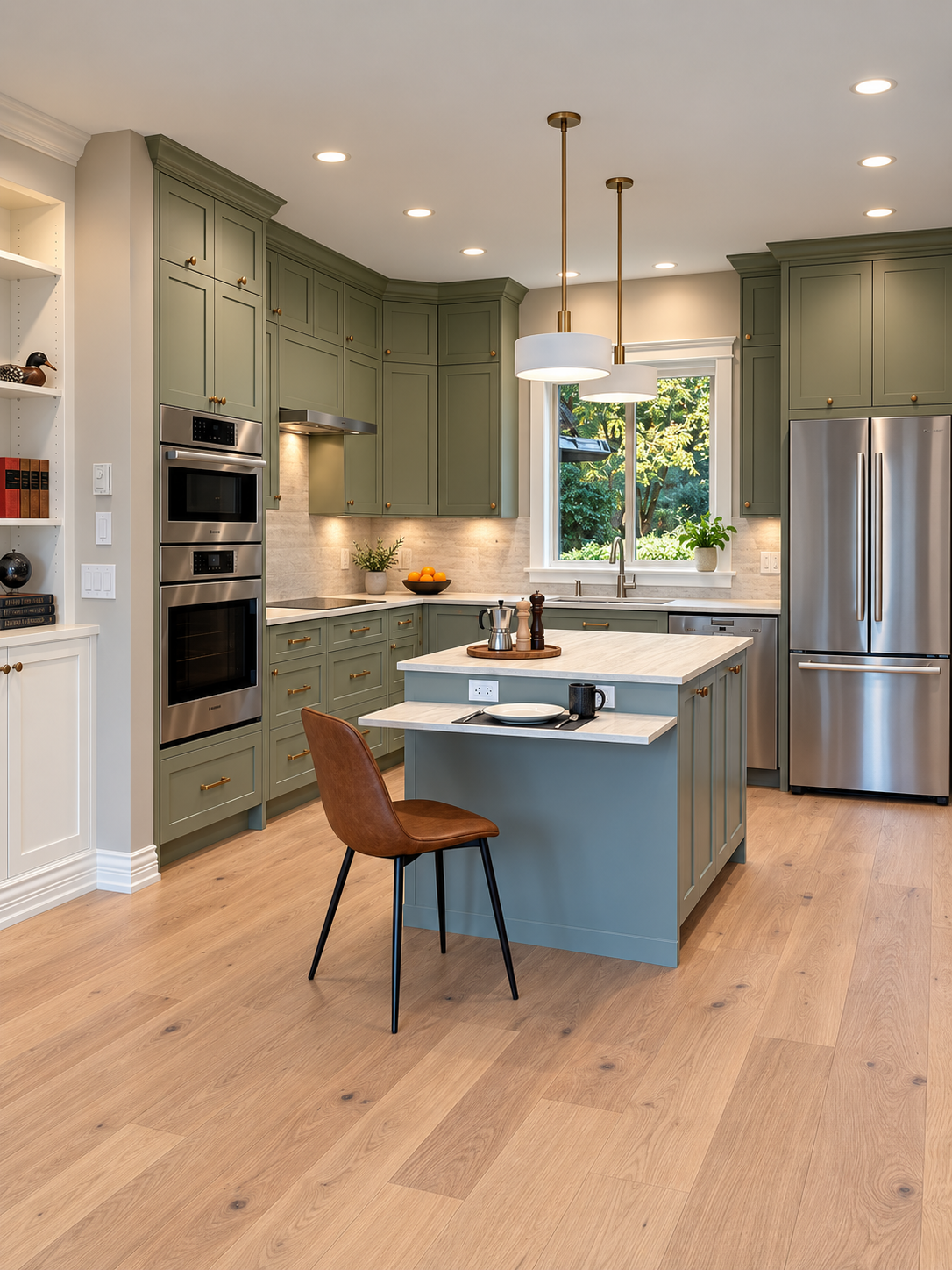 Sage kitchen with a blue island and window sink