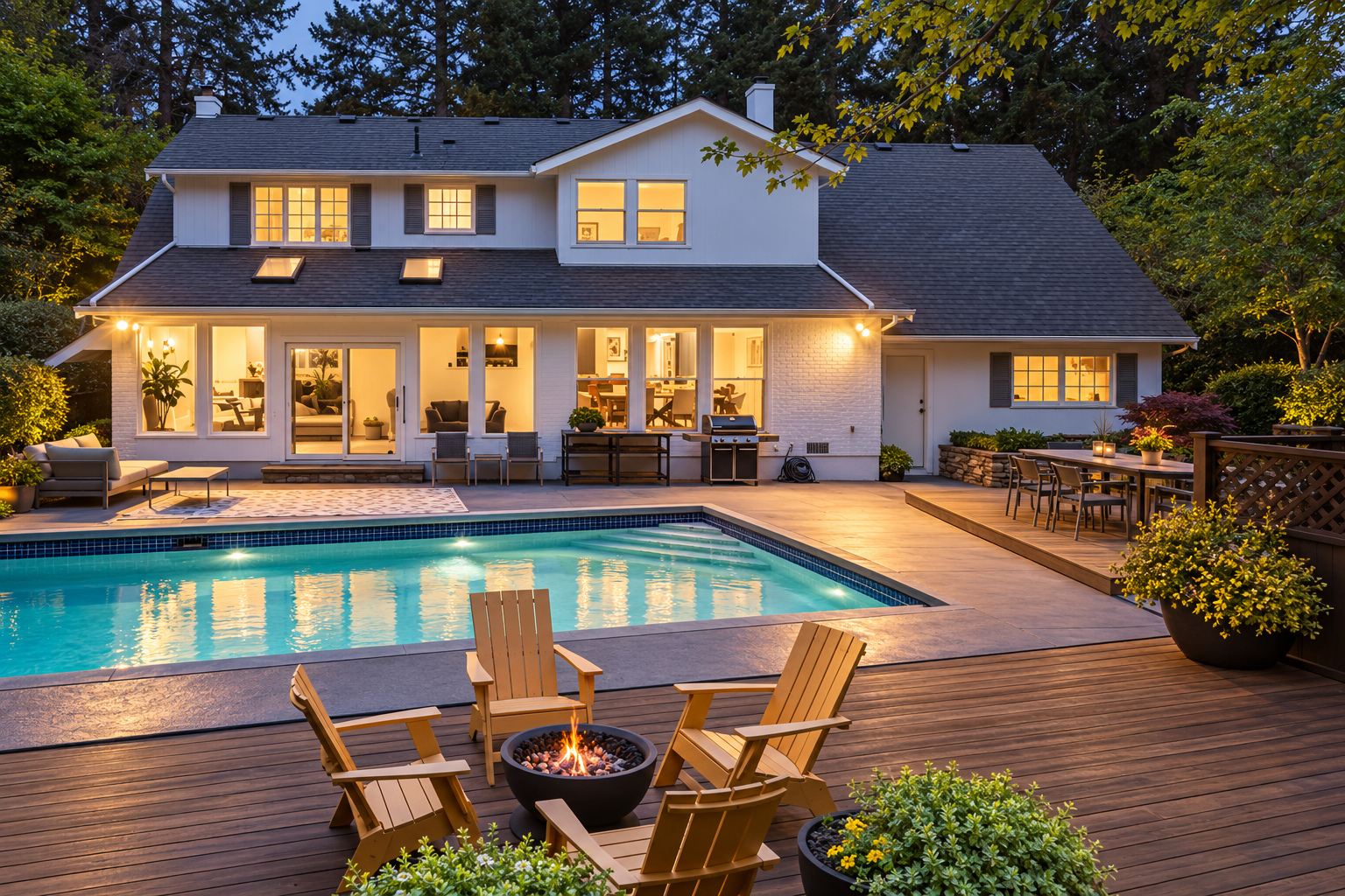 Poolside home and timber deck at dusk